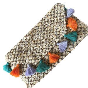 Woven Straw Clutch With Colorful Tassels and Magnetic Closure By Shein